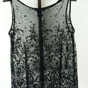 Ann Taylor Sheer Black Sheer Sleeveless Floral Embroidered Blouse Woman’s Size12